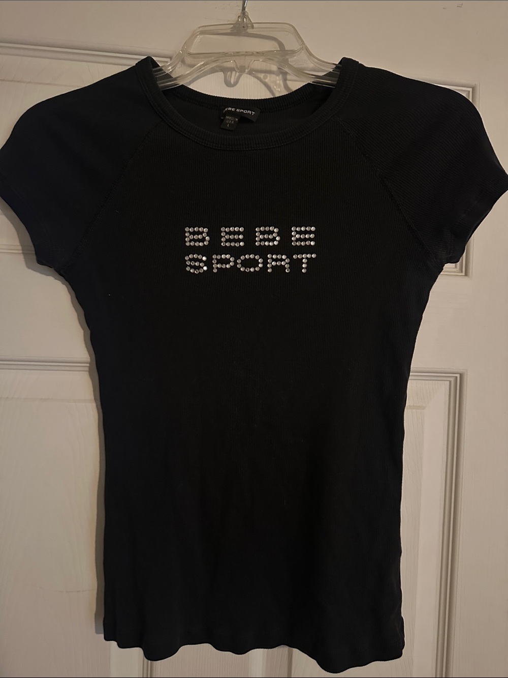bebe Black Short Sleeve Ribbed Tee with Rhinestone Logo